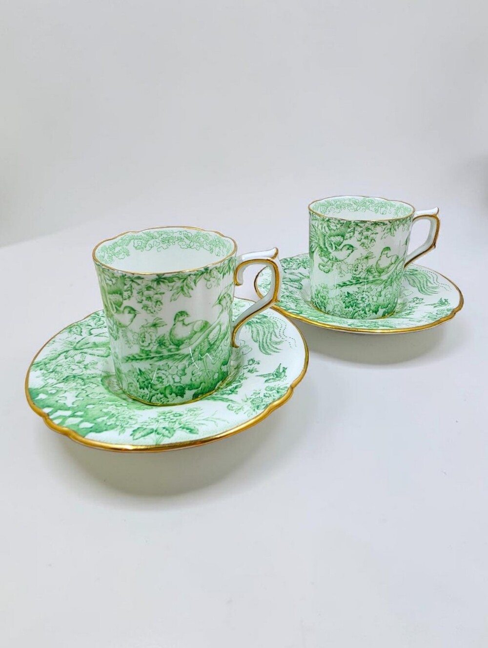 Royal Crown Derby Green Aves Demitasse Cup & Saucer Gold Rim Set Of 2 England